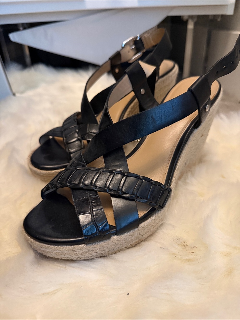 ANTONIO MELANI Black Braided Leather Espadrille Wedge Sandals